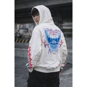 GUNZINII DENIM COMPANY WHITE SKULL GRAPHIC HOODIE SWEATSHIRT ESTABLISHED 2007 XS